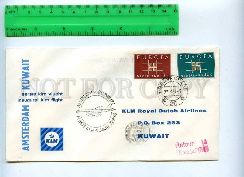 255013 Netherlands KLM Airlines Amsterdam Kuwait First flight 1963 postmark