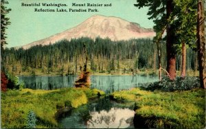 Beautiful Washington Mt Rainier Reflection Lake Paradise Park DB Postcard T15