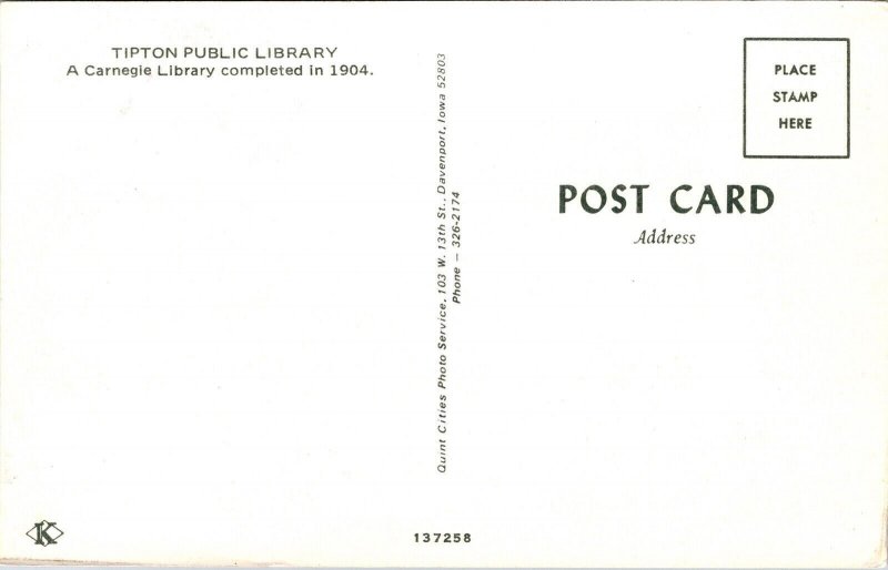 Public Library Tipton Carnegie Postcard Koppel VTG UNP Vintage Unused Chrome 