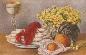 Still Life on a table  Nice old vintage German artist drawn postcard