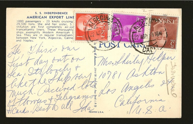 SS Independence America Export Line Linen Postcard Posted in Spain