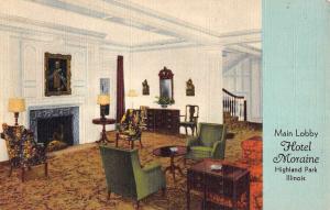 Highland Park Illinois Hotel Moraine Main Lobby Antique Postcard K97030