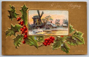 A Joyful Christmas~Winter Windmill In Gold Frame W/ Holly~PM 1911~Emb~Postcard