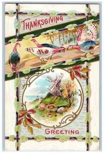 Hornell New York NY Postcard Thanksgiving Greetings Turkeys Windmill Embossed