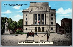 Postcard Texarkana TX c1950s Post Office & Court House Man in AR & His Ass TX