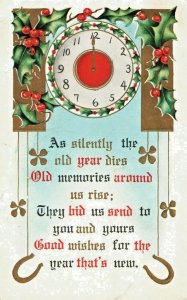 c.1910 New Year's Clock Midnight poem Holly Vintage Postcard