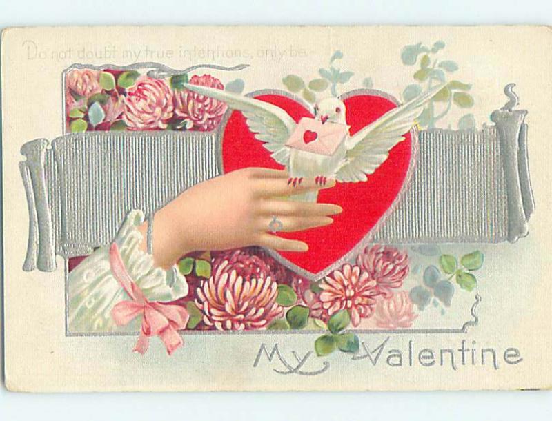 Pre-Linen valentine WHITE DOVE BIRD PERCHED ON WOMAN'S FINGER HJ2252