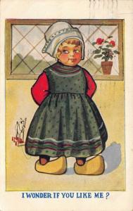 Dutch Girl 1910 Postcard Wooden Shoes toy I Wonder If You Like Me? Romance