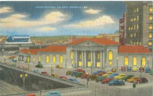 Atlanta GA Union Station Evening View Linen Postcard Unused, Old Cars