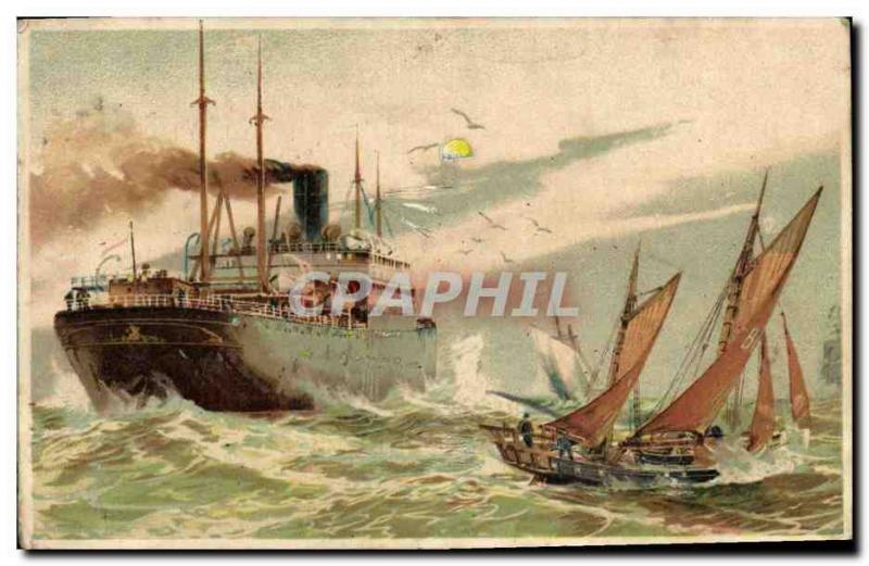 Old Postcard transparent map Boat Ship
