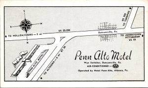 Postcard Road Map to Penn Alto Motel in Altoona, Pennsylvania