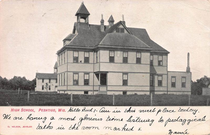 High School, Peshtigo, Wisconsin, Early Postcard, Used in 1907