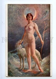 226682 NUDE WITCH Diana & GREYHOUND by LUCAS vintage PC