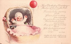 Vintage Postcard 1913 First Birthday Greetings For This Precious Baby Sitting