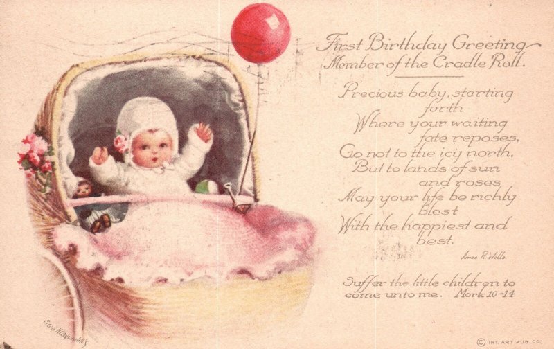 Vintage Postcard 1913 First Birthday Greetings For This Precious Baby Sitting