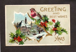 Best Wishes Christmas Greetings Postcard House Holly Bird Carte Postale