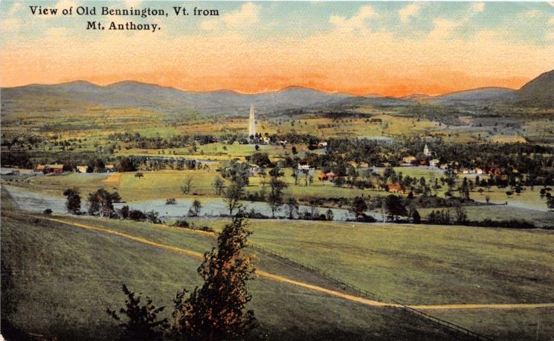 VIEW OF OLD BENNINGTON  VERMONT FROM MT ANTHONY~J A EVANS PUBL POSTCARD c1910s