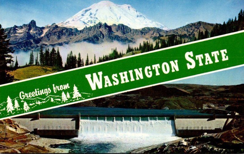 Washington Greetings Showing Mount Rainier and Grand Coulee Dam