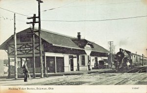 DELAWARE OH~HOCKING VALLEY RAILROAD STATION-TRAIN PULLS IN~C U WILLIAMS POSTCARD