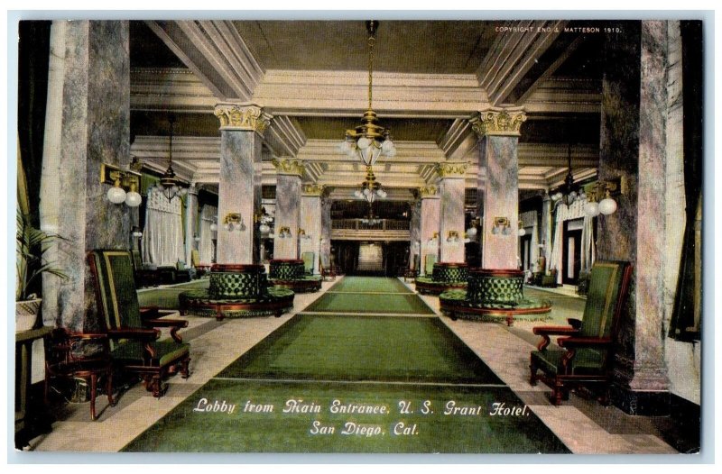c1910's Lobby From Main Entrance US Grant Hotel San Diego California CA Postcard