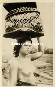 indonesia, BALI, Native Nude Balinese Woman, Head Transport (1920s) RPPC