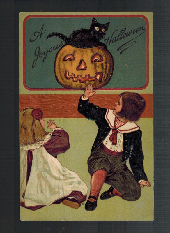 1909 Postcard Cover Halloween Jack O'Lantern Black CAt and Girls Brooklyn NY USA