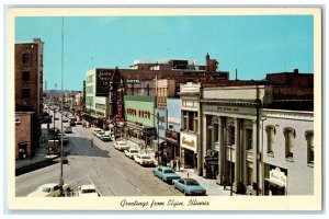 c1960 Greetings From Elgin Illinois Grove St. From Elgin Tower Building Postcard