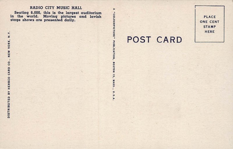 6 Scenes from Radio City Music Hall, New York, NY, Early Linen Postcard, Unused