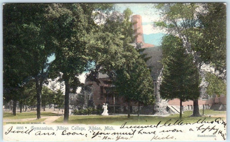 ALBION Michigan MI - Handcolored ALBION COLLEGE GYMNASIUM Rotograph 1906