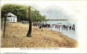Postcard IL Moline Bathing Beach Campbell's Island Crowds on the Beach ~1905 F24