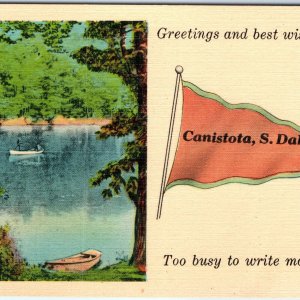 c1930s Canistota, S. Dak. Greetings Best Wishes Linen Postcard Busy Pennant A69