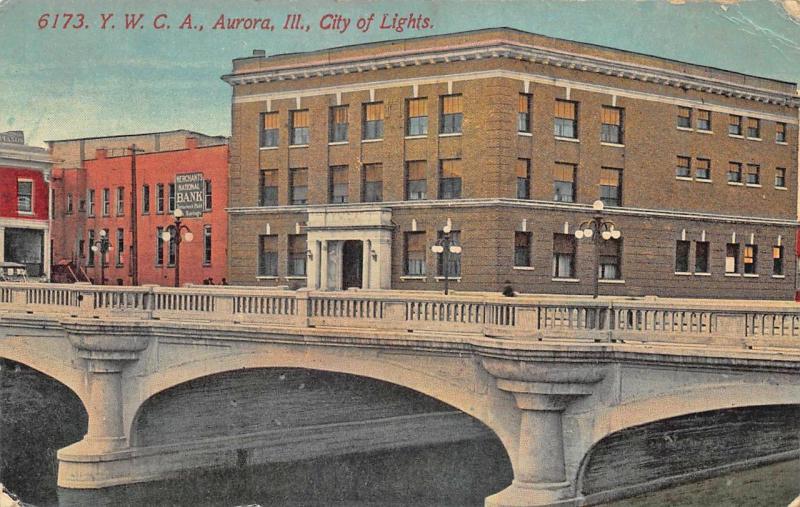 Aurora IL Y.W.C.A. & Bank Building Bridge City of Lights Postcard