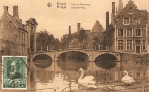 Bruges. Beguinage bridge, with swans Old vintage Belgian postcard