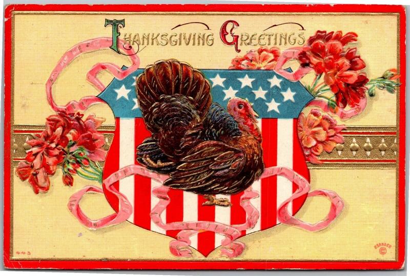 Thanksgiving Greetings Turkey Patriotic c1910 Vtg Postcard M14