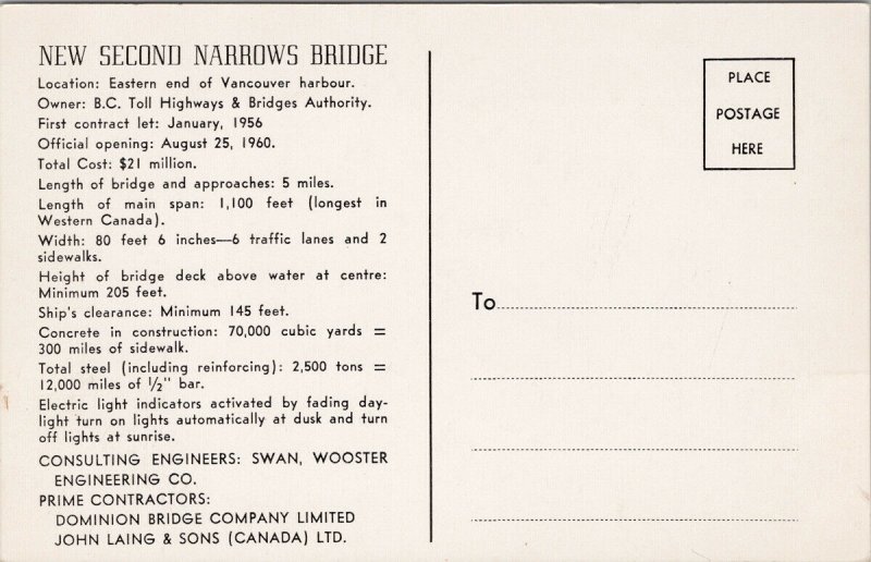 Vancouver BC New Second Narrows Bridge Information Specifications Postcard F95