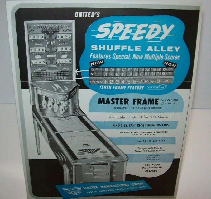 Speedy Shuffle Alley Arcade FLYER United 1954 Original Bowling Game Art Sheet 