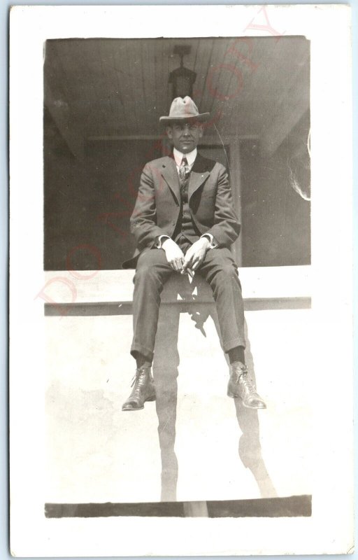 c1910s Cool Man Smoking Cigar RPPC House Porch Handsome Real Photo Postcard A95