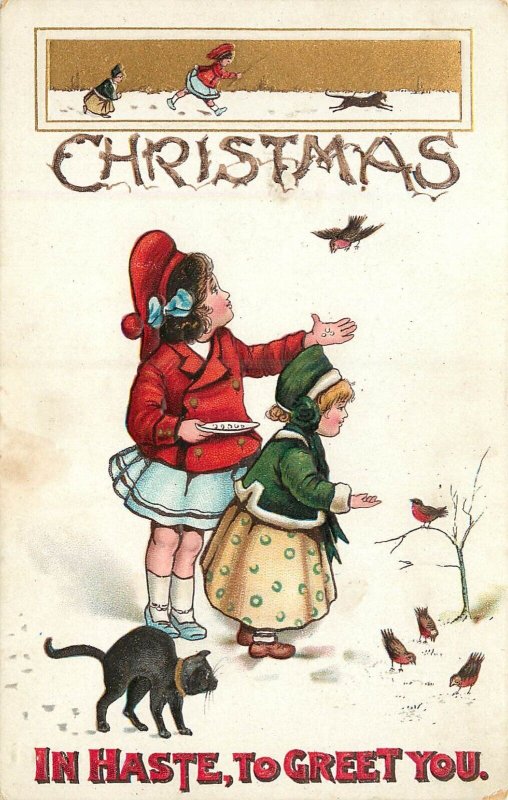 Christmas Black Cat and Little Girls Feed Birds Embossed Postcard BB London E182