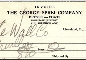 1938 THE GEORGE SPREI COMPANY CLEVELAND OH DRESSES COATS BILLHEAD INVOICE Z3500