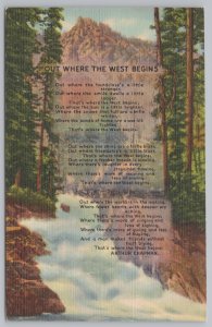 Linen~Out Where West Begins-Arthur Chapman~Rocky Mountains Colorado~Postcard