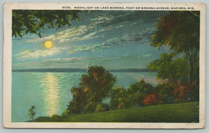 Madison Wisconsin~Moonlight On Lake Monona~1920s Postcard