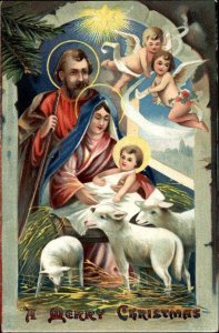 Christmas Baby Jesus Christ Nativity Joseph Mary Angels c1910 Vintage Postcard