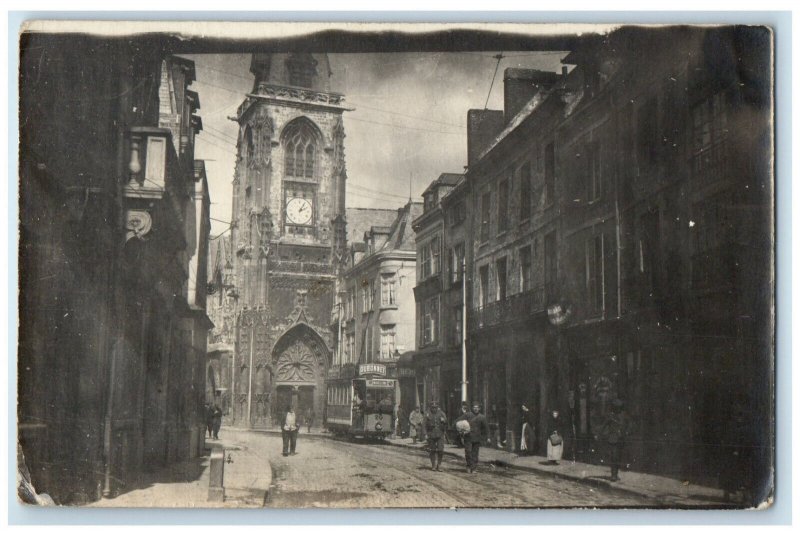 c1910 Tower Clock Road Scene in Amiens France WW1 RPPC Photo Postcard