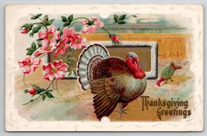 Thanksgiving Greetings Pink Flowers And Turkeys Postcard K29