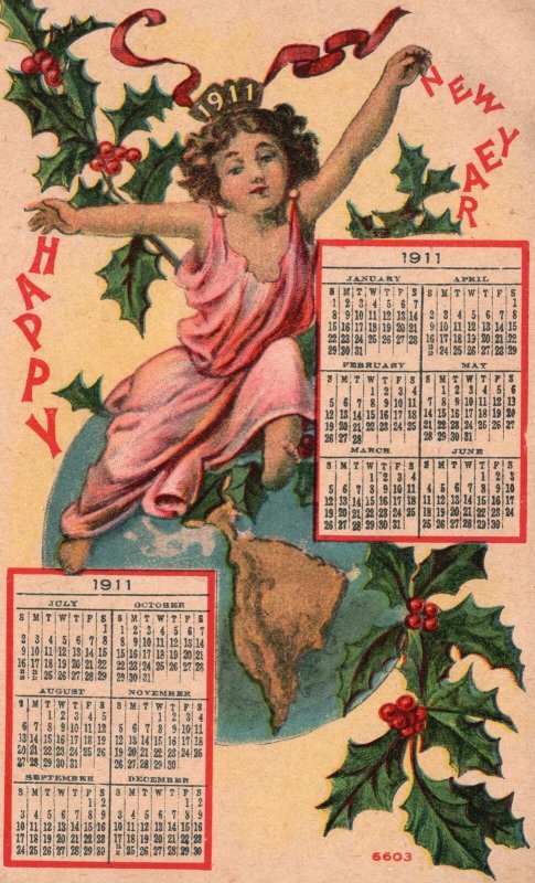 Vintage Postcard New Year 1911 Calendar Angel Globe Green Leaves Holiday 