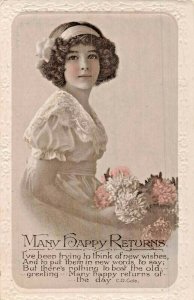 MANY HAPPY RETURNS-BEAUTIFUL GIRL-ORNATE DRESS-C D COLE QUOTE~PHOTO POSTCARD