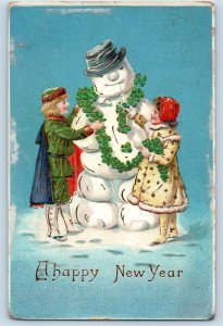 New Year Postcard Children Decorating Snowman Clover Winter Embossed Canton SD