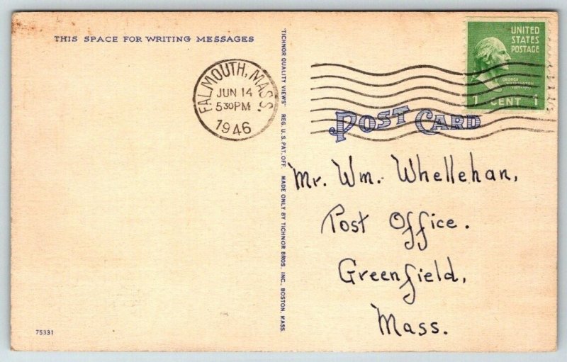 Post Office & Town Hall  Hyannis  Cape Cod Massachusetts  Postcard 1946