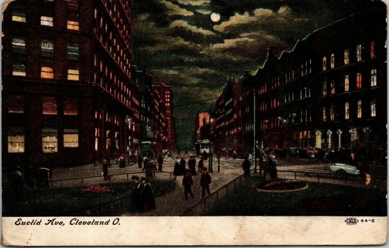 Euclid Ave Cleveland Ohio OH Night Scene Antique Postcard PM Cancel WOB Note