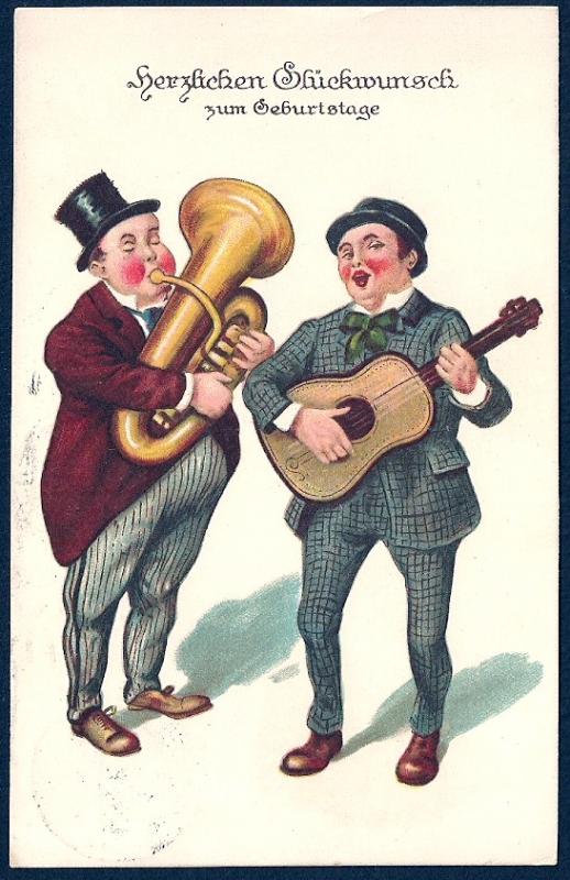 GERMANY Birthday Congratulations Tuba & Guitar used c1927